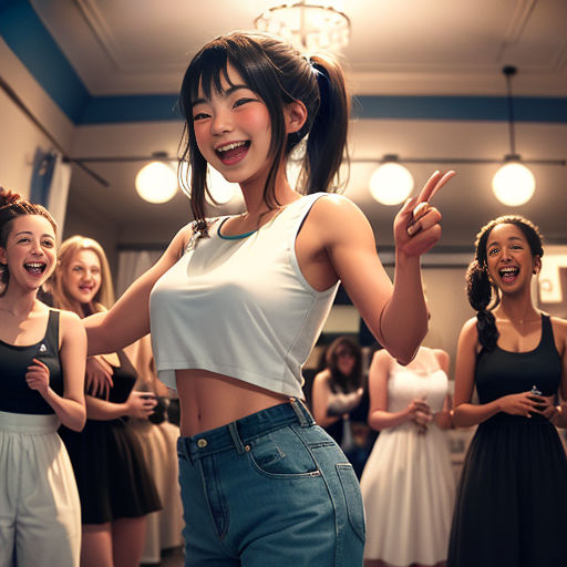 a group of young women standing around each other in a room with lights on the ceiling and a woman in a white top
