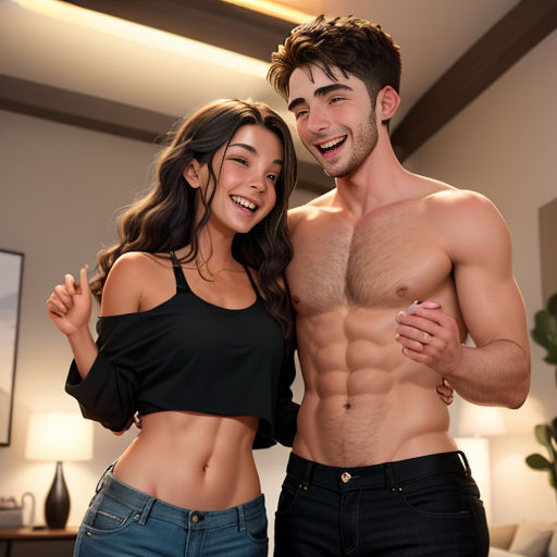 a man and a woman posing for a picture in a room with a ceiling light and a painting on the wall