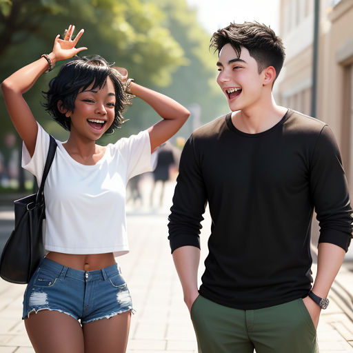 a man and a woman are standing together and smiling at each other while they are holding their hands up