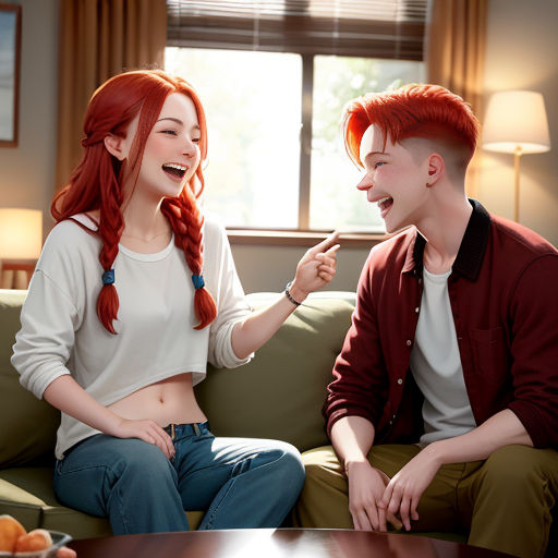 a couple of people sitting on a couch talking to each other and laughing together with a window in the background