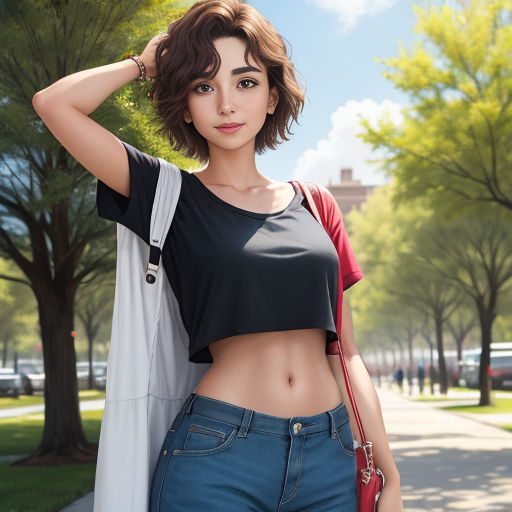 a woman with a black top and jeans posing for a picture in a park with trees and grass in the background