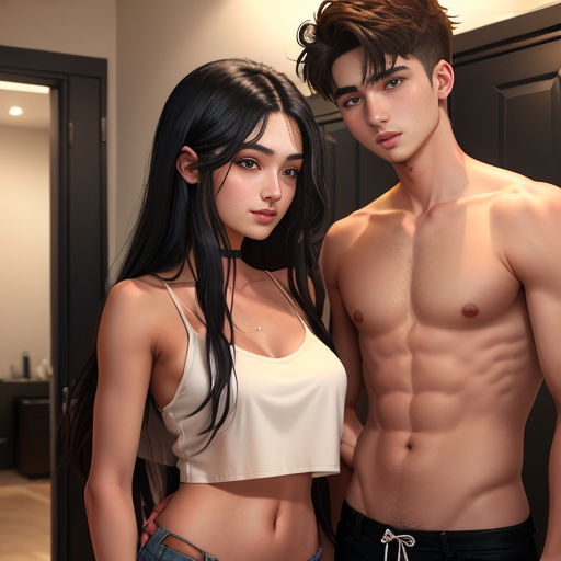 a couple of people standing next to each other in a room with a door and a mirror behind them