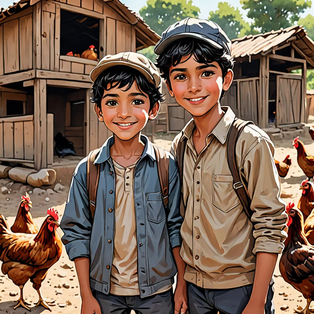 two boys standing in front of a chicken coop with chickens in the background and a chicken coop in the foreground, photorealism, a storybook illustration, Brothers Hildebrandt, highly detailed digital painting