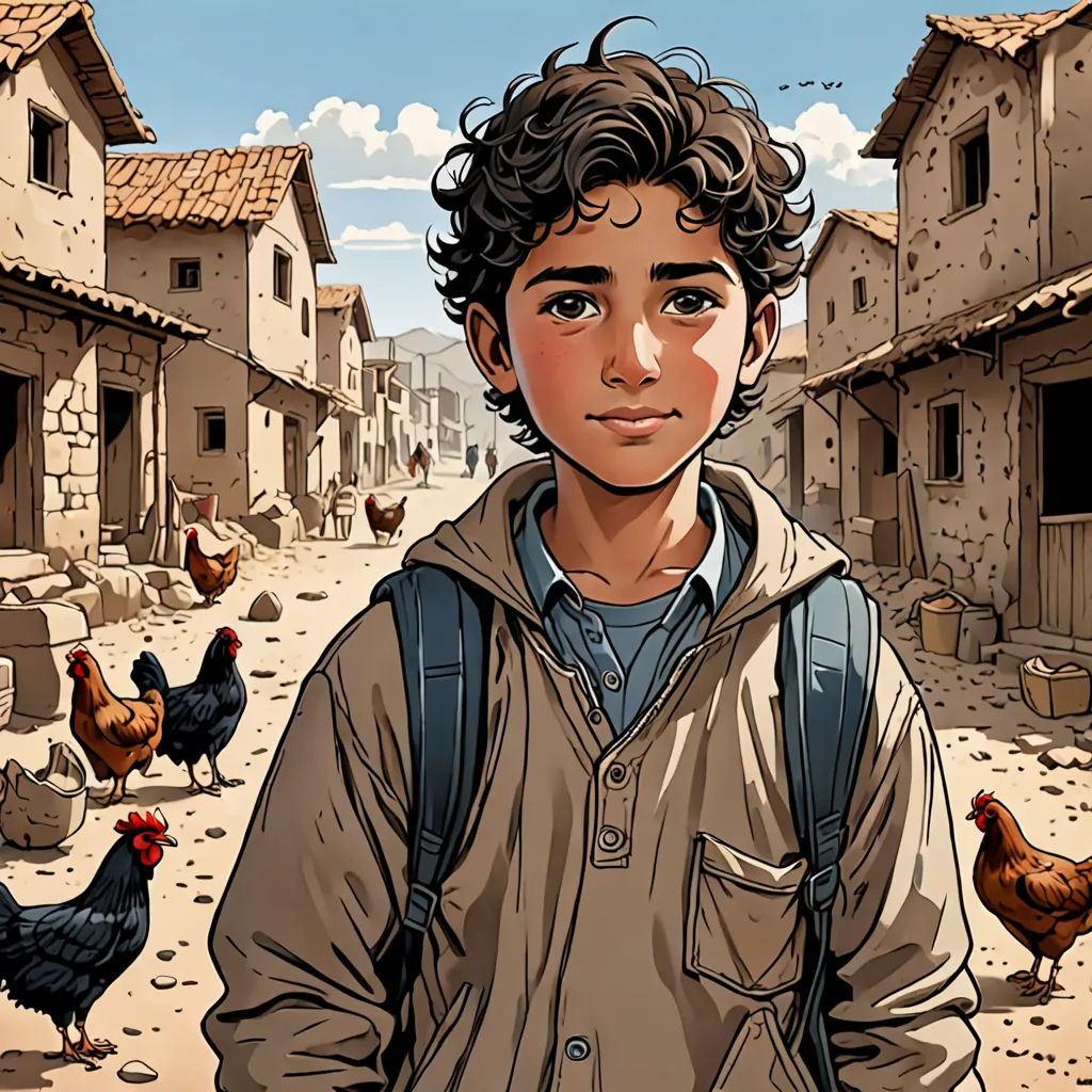 a boy standing in a village with chickens around him and a chicken in the background, with a boy in a backpack standing in the middle of the village, serial art, a comic book panel, Asaf Hanuka, graphic novel