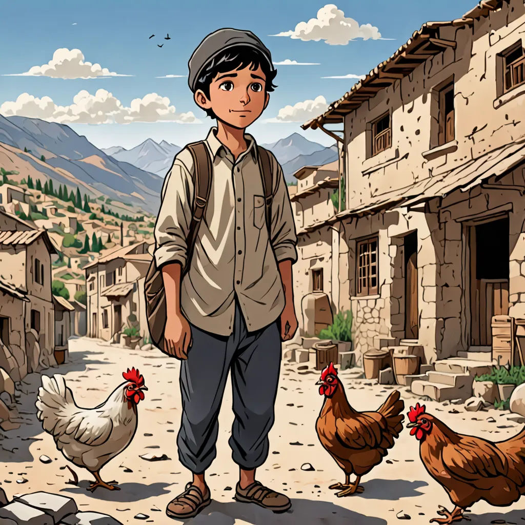 a man standing in front of a group of chickens in a village with a mountain in the background and a village with a few chickens, lyco art, a storybook illustration, Asaf Hanuka, yusuke murata
