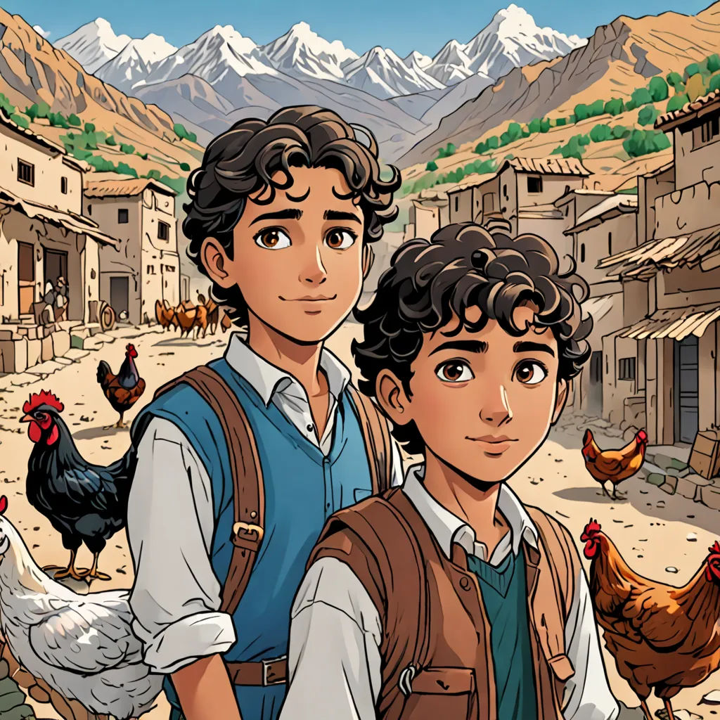 a couple of people standing next to each other near a chicken farm and mountains in the background with a sky background, serial art, a comic book panel, Brothers Hildebrandt, comic cover art