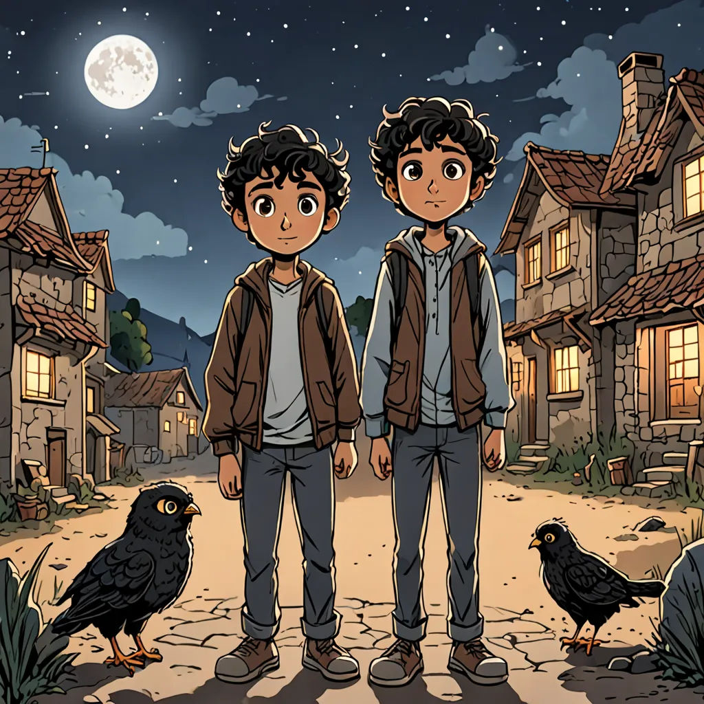 two boys standing in front of a village at night with a bird nearby and a full moon in the sky, serial art, a comic book panel, Diego Gisbert Llorens, comic cover art