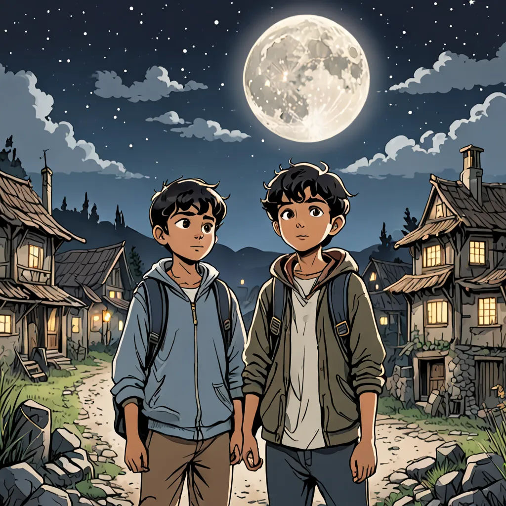 two boys standing in front of a full moon in a village at night with a full moon in the sky, dau-al-set, a comic book panel, Diego Gisbert Llorens, comic cover art