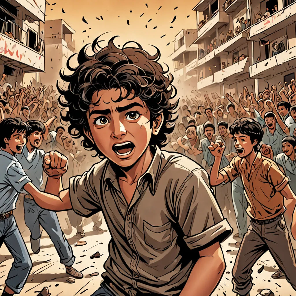 a man with a fist in front of a crowd of people in a city street with buildings and people in the background, samikshavad, a comic book panel, Asaf Hanuka, graphic novel