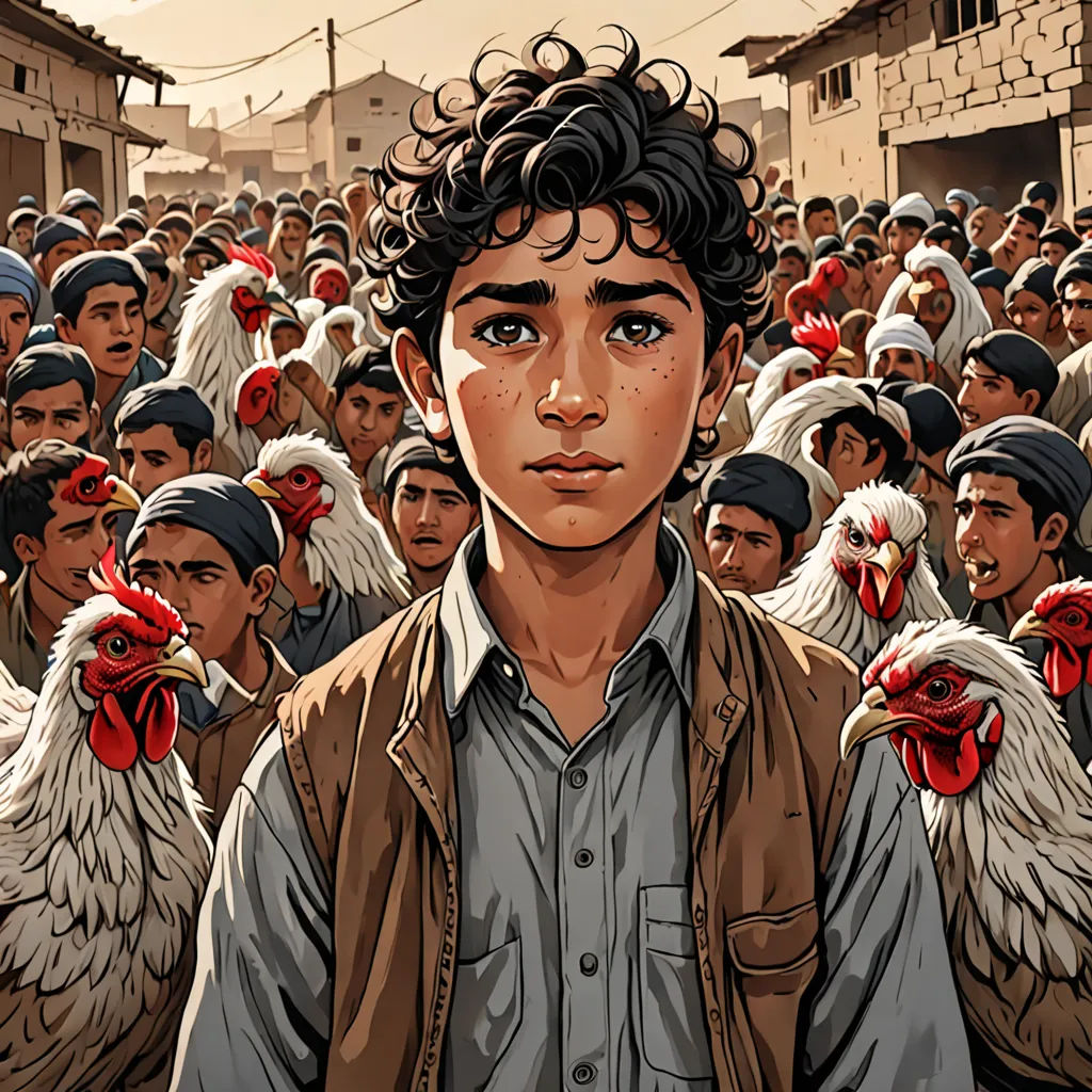 a boy standing in front of a group of chickens in a village with a building in the background and a crowd of chickens in the foreground, serial art, a comic book panel, Asaf Hanuka, graphic novel