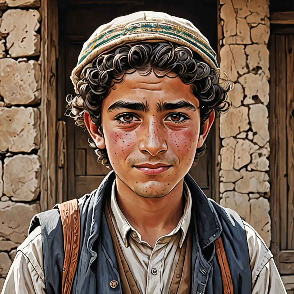 a painting of a man with a hat on his head and a backpack on his back, standing in front of a stone building, photorealism, a digital painting, Amir Zand, highly detailed digital painting
