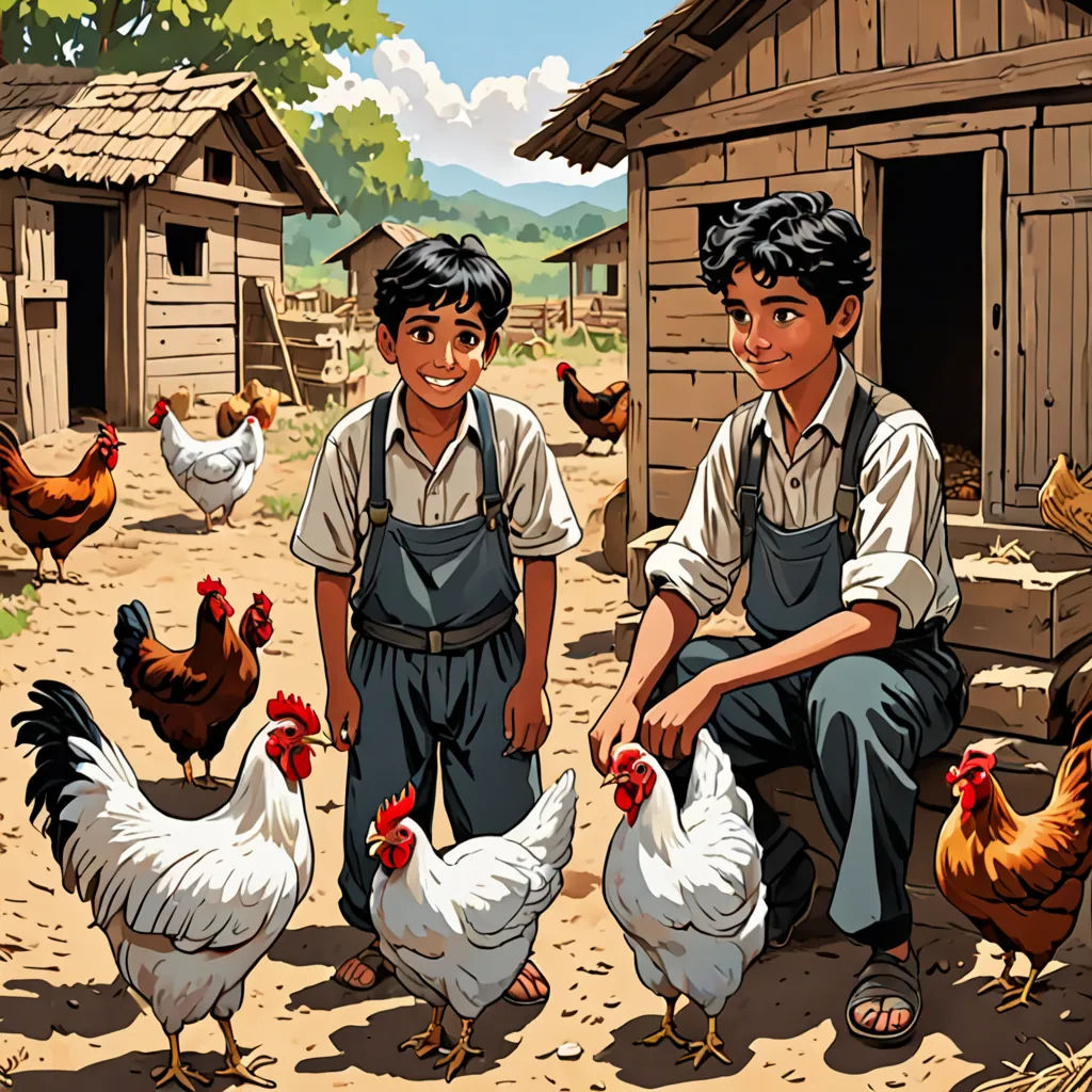 a boy and a boy are standing in front of chickens and a barn with a chicken in the background, lyco art, a storybook illustration, Brothers Hildebrandt, comic cover art