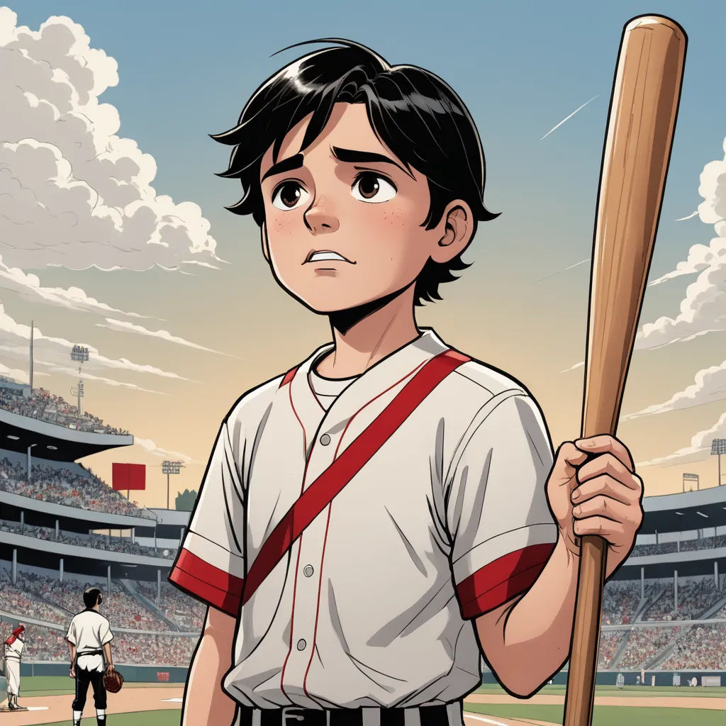 a cartoon of a baseball player holding a bat in a stadium with a sky background and clouds in the sky, process art, a comic book panel, Everett Warner, comic cover art