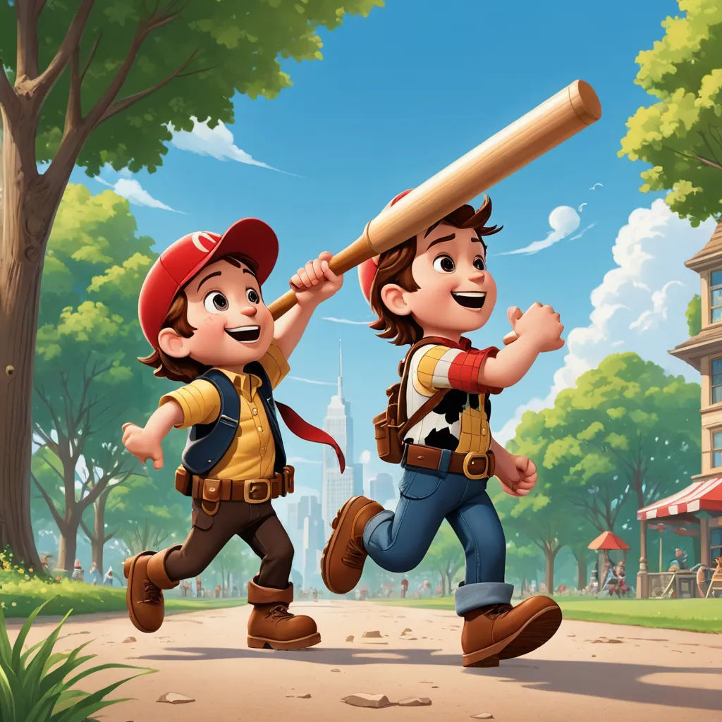 two boys are playing baseball in a cartoon style, one is carrying a bat and the other is carrying a baseball, sots art, concept art, Brothers Hildebrandt, official art