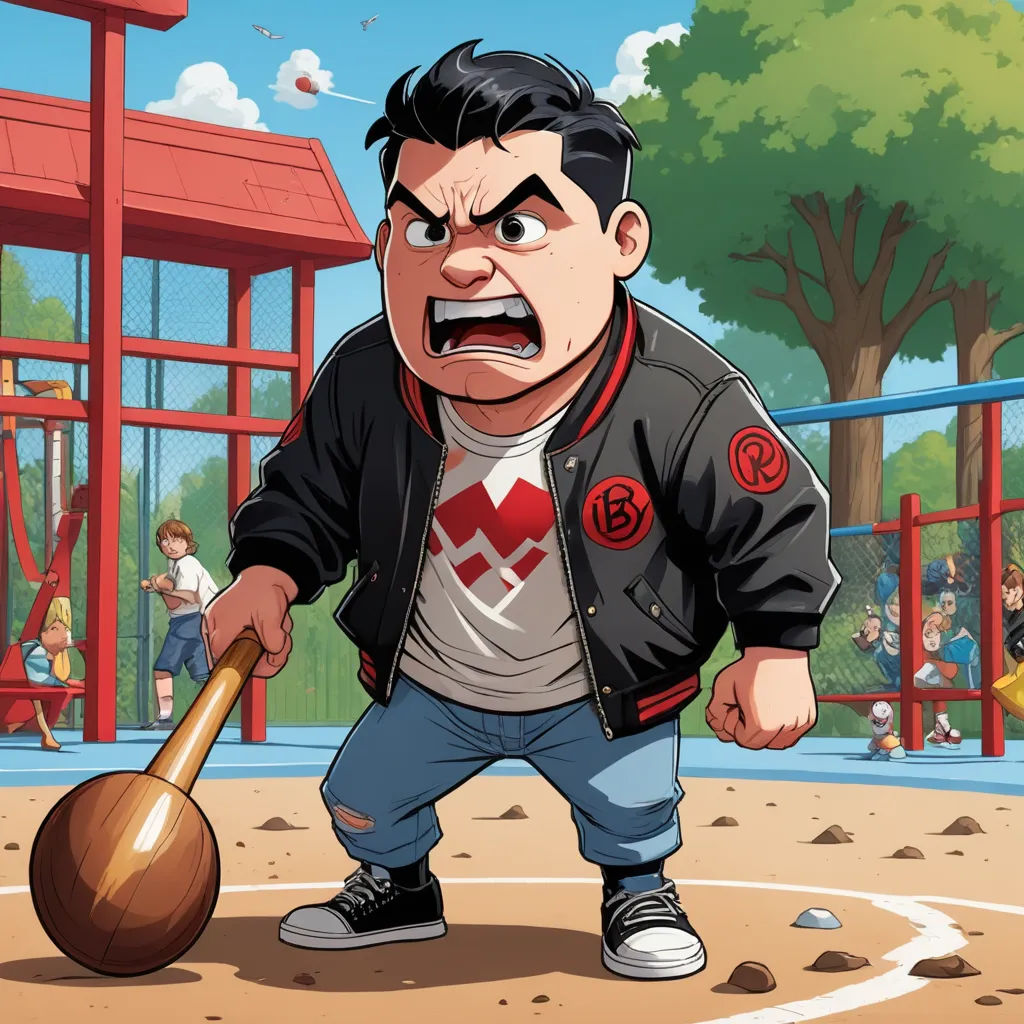 a cartoon man holding a baseball bat in a playground area with a playground in the background and a playground with children, vancouver school, a character portrait, Cedric Seaut (Keos Masons), character art