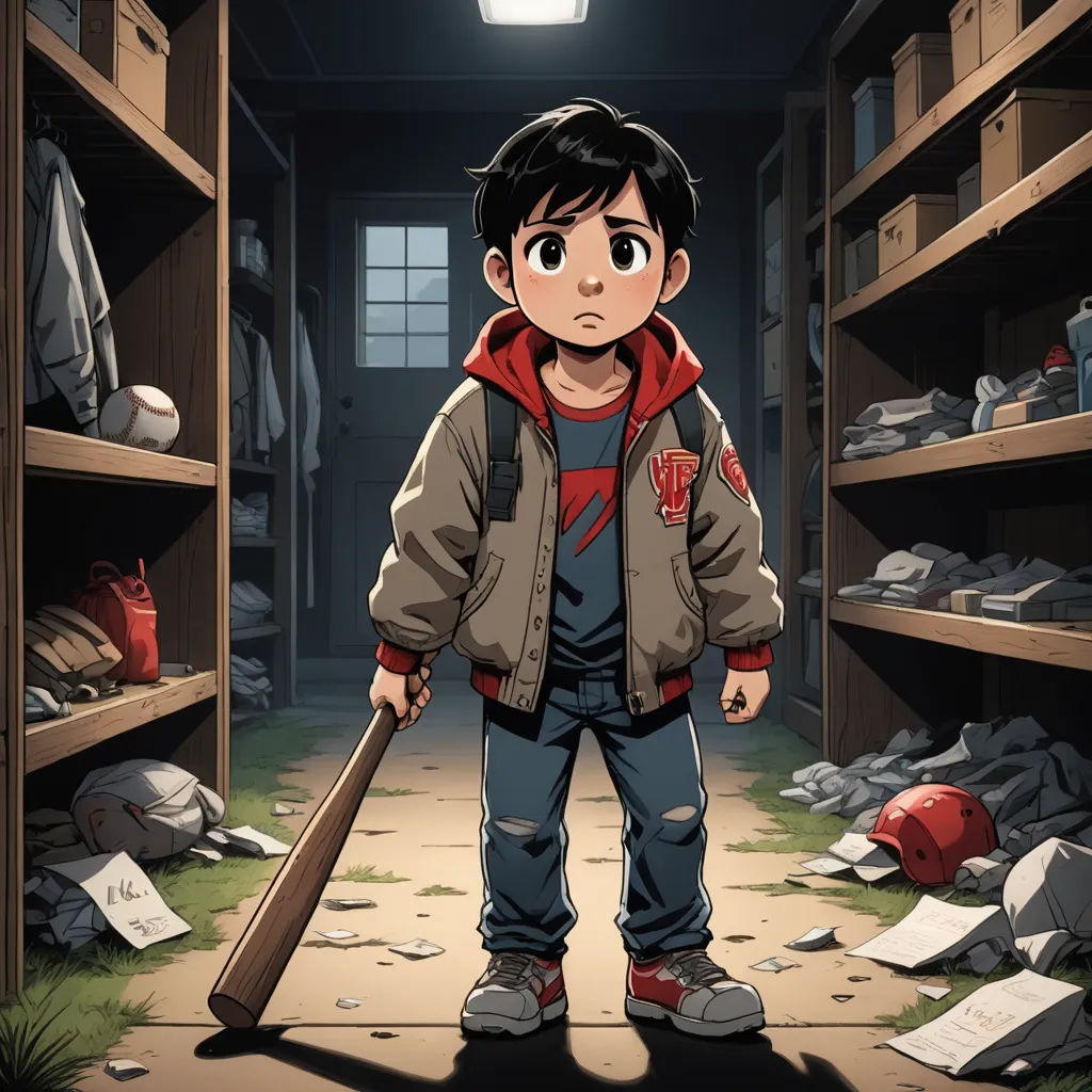 a boy holding a bat in a room full of shelves of books and papers and a lamp above him, sots art, poster art, Cliff Childs, comic cover art