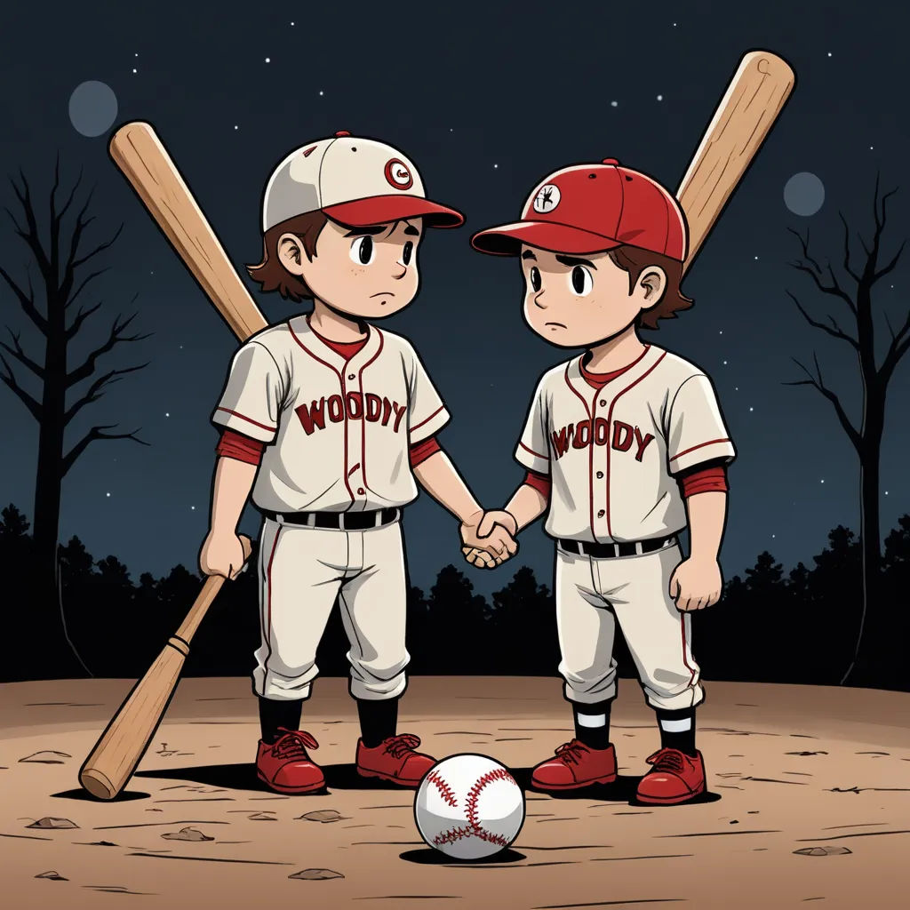 two baseball players holding hands with bats on a field at night with stars in the sky behind them and a baseball ball in the foreground, sots art, a storybook illustration, Dan Mumford, 2 d game art