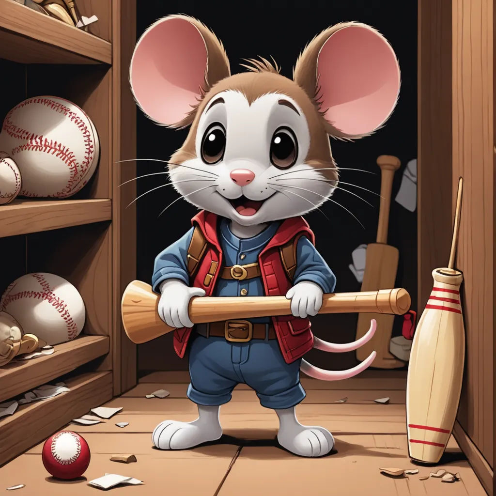 a mouse holding a baseball bat in a baseball dugout with a bat in it's hand and a baseball in the background, sots art, a storybook illustration, Drew Struzan, official art