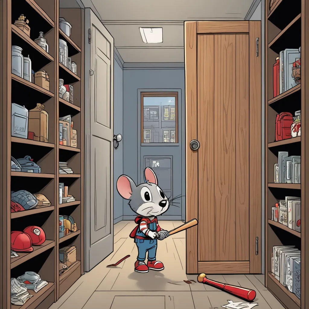 a cartoon mouse holding a baseball bat in a room with shelves of books and bookshelves and a door, furry art, a comic book panel, Chris LaBrooy, graphic novel