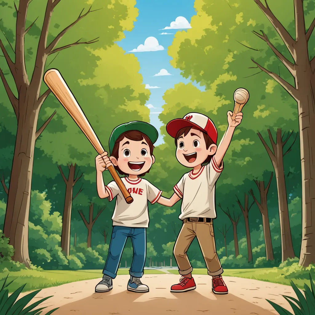 two boys are holding baseball bats and smiling at the camera in the woods illustration by alex krapf, sots art, a storybook illustration, Dave Melvin, official art