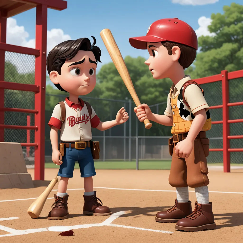 a boy and a boy in baseball uniforms holding bats on a baseball field with a red fence in the background, sots art, concept art, Cliff Childs, pixar and disney animation