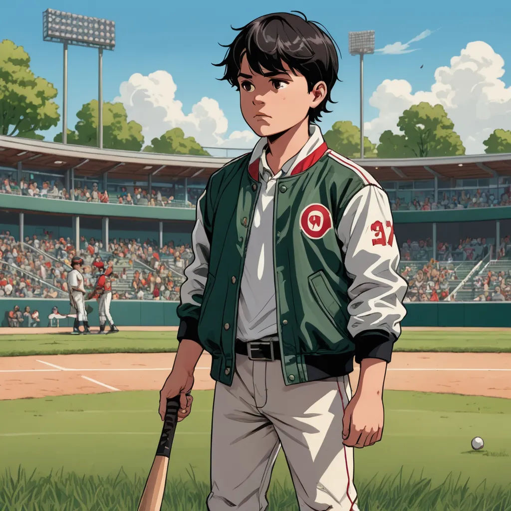 a man holding a baseball bat on a baseball field with a crowd of people in the stands watching him, hyperrealism, a comic book panel, Asaf Hanuka, official art
