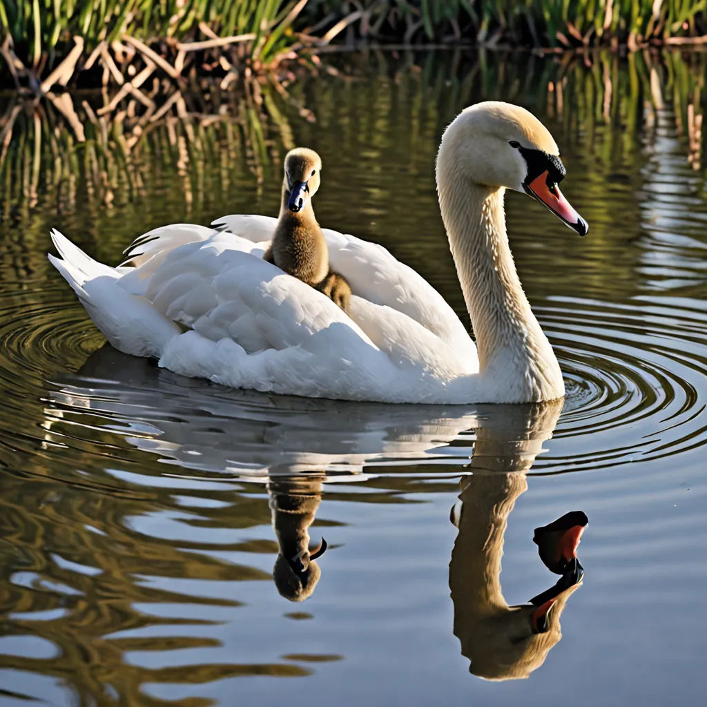 a swan and her two babies swimming in a pond of water with reeds in the background and a green plant in the foreground, ecological art, a stock photo, Christopher Williams, animal photography