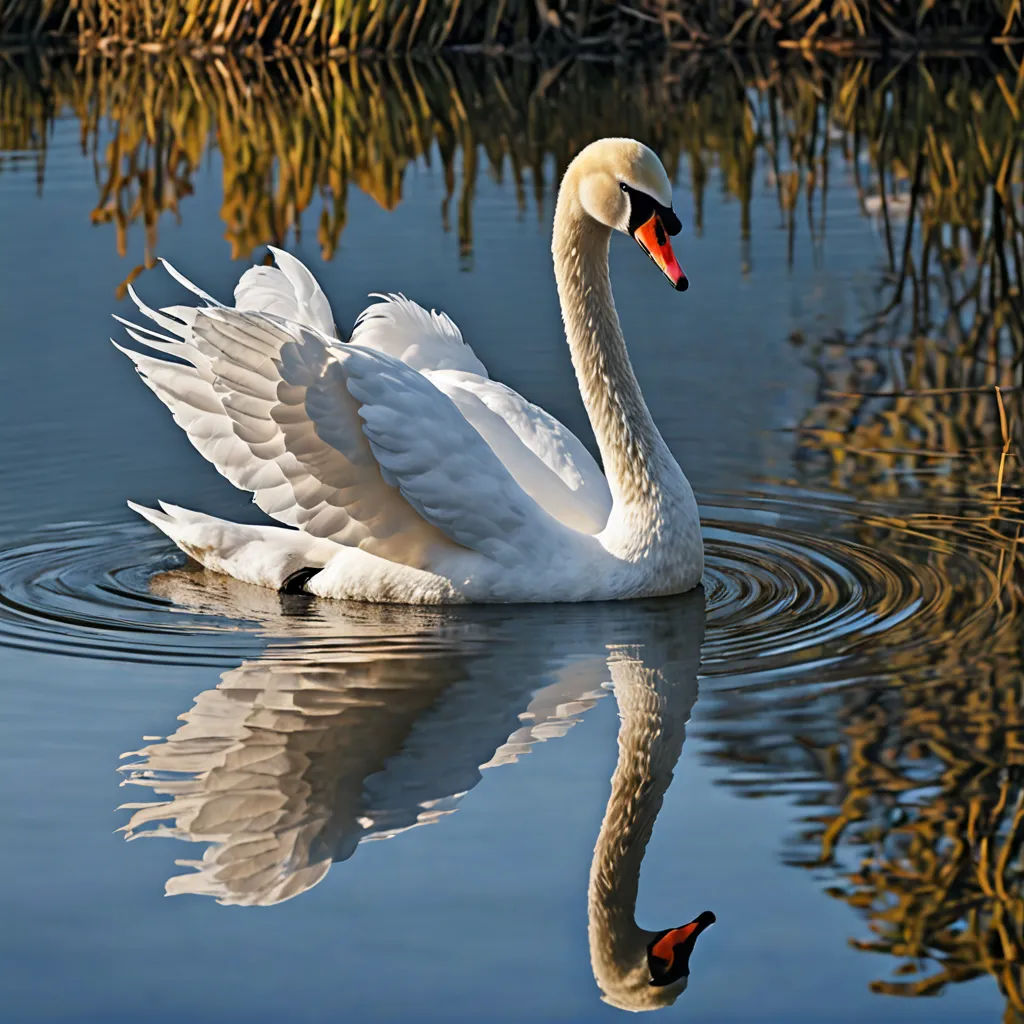 a swan is swimming in a pond with reeds in the background and a red beak in the foreground, naturalism, an ultrafine detailed painting, Bernd Fasching, symmetric balance