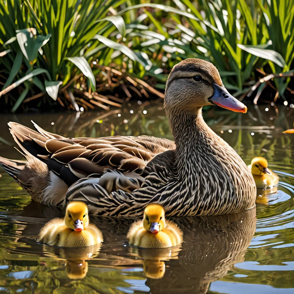 a duck with her ducklings swimming in a pond of water with grass and flowers in the background,, art photography, a stock photo, Anne Said, wildlife photography