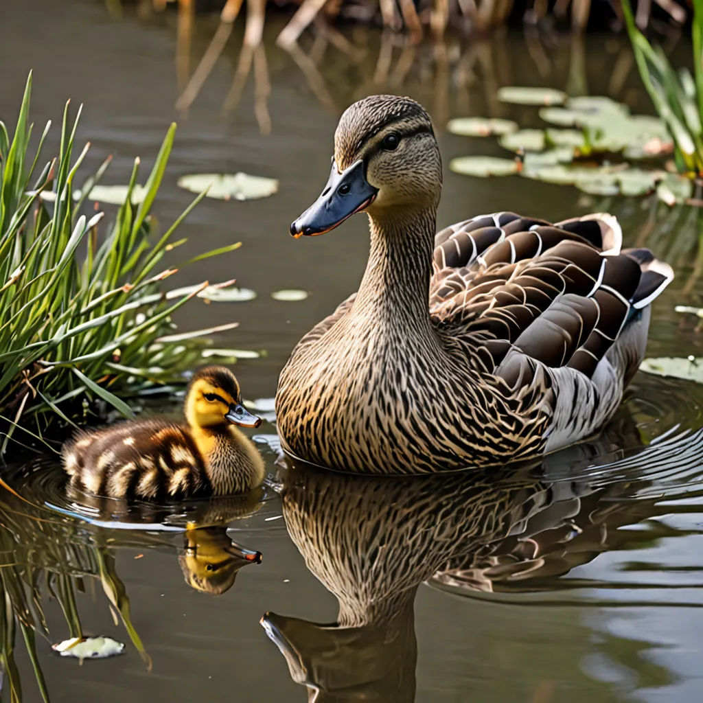 a duck and its duckling swimming in a pond with lily pads and grass in the background, with a reflection of the duckling in the water, naturalism, a stock photo, Anne Said, animal photography