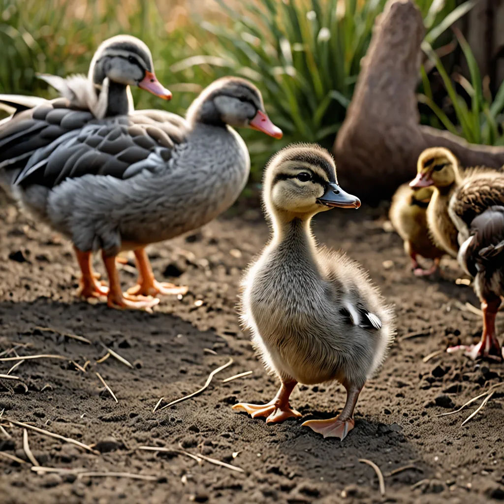 a group of ducks standing on top of a dirt field next to grass and plants on the ground and dirt, art photography, a stock photo, Beatrix Potter, animal photography