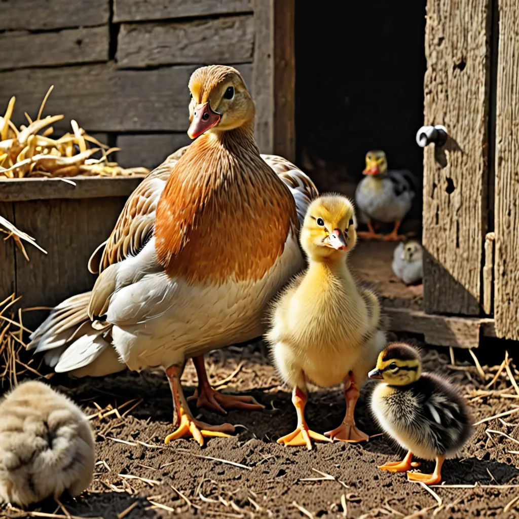a group of ducks and chicks in a barnyard with hay and straw on the ground and a barn door, massurrealism, a stock photo, Beatrix Potter, animal photography