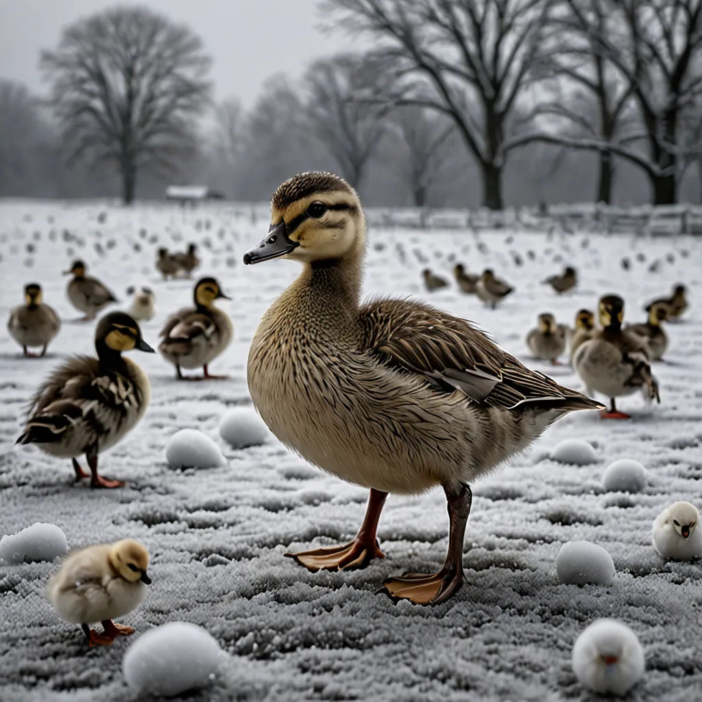 a flock of ducks standing on top of a snow covered field next to eggs in a field of trees, institutional critique, a stock photo, Chris LaBrooy, award - winning photography
