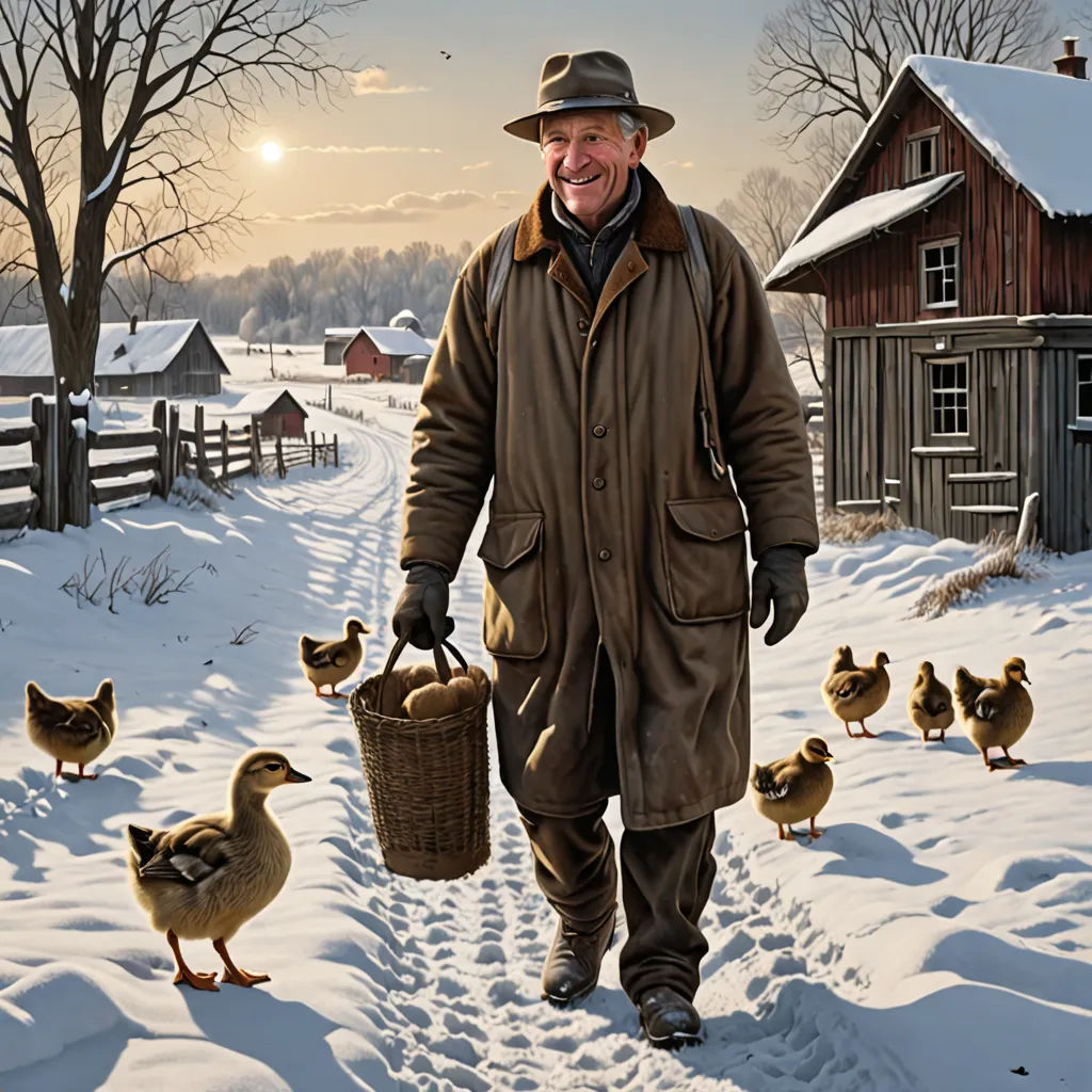 a man in a hat and coat walking through a snow covered field with ducks and a barn in the background, art photography, a photorealistic painting, Alson S. Clark, award-winning photograph