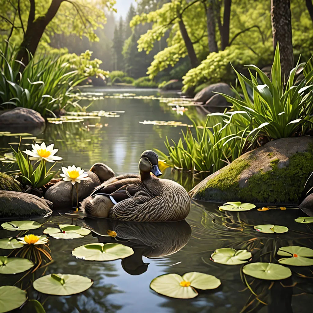 a duck sitting on top of a pond surrounded by lily pads and water lillies with a forest in the background, art photography, a photorealistic painting, David Martin, nature