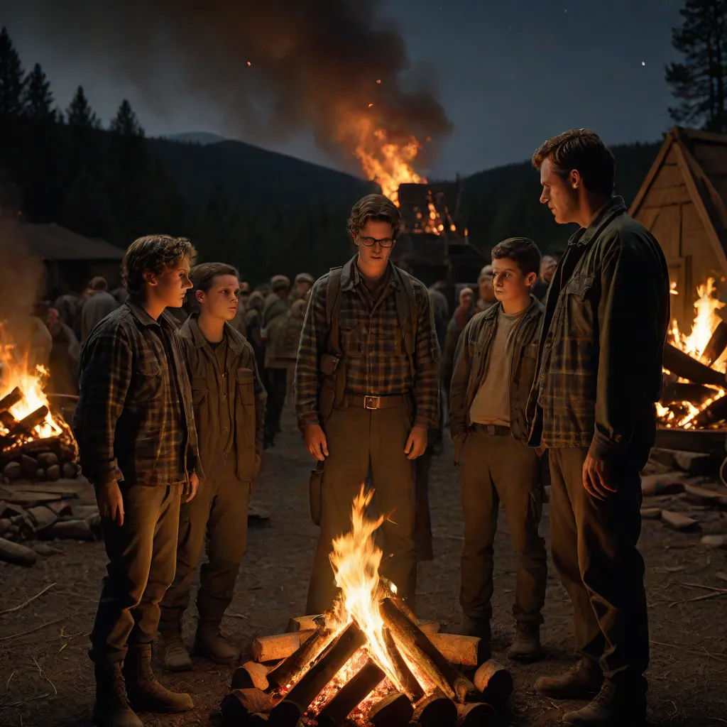 a group of men standing around a fire pit in the woods at night with a large amount of flames, a colorized photo, Edward Otho Cresap Ord, II, symbolism, promotional image