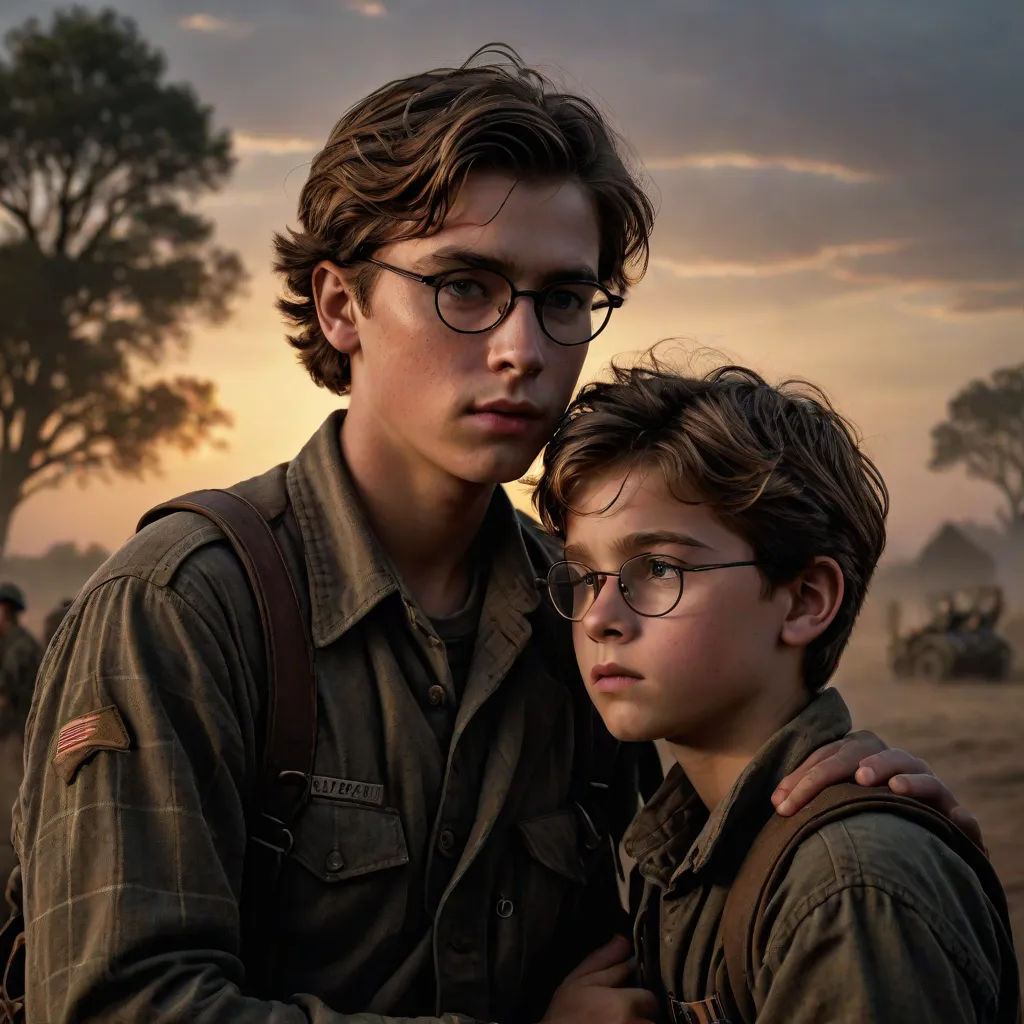 a boy and a boy in glasses are standing together in front of a sunset and trees with a man in the background, a poster, Ejler Bille, antipodeans, imax 70 mm footage