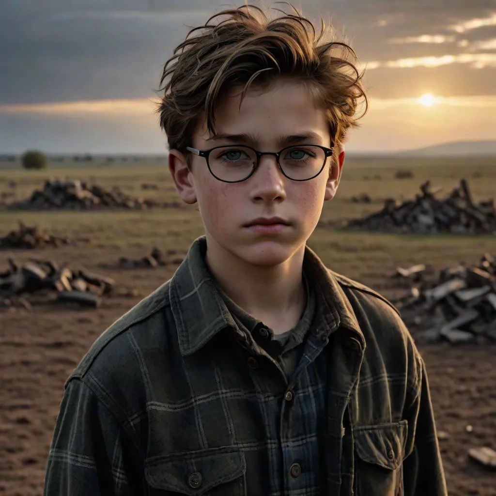 a young boy wearing glasses standing in a field with a sunset in the background and a pile of debris, a character portrait, Ejler Bille, aestheticism, cinematic photography