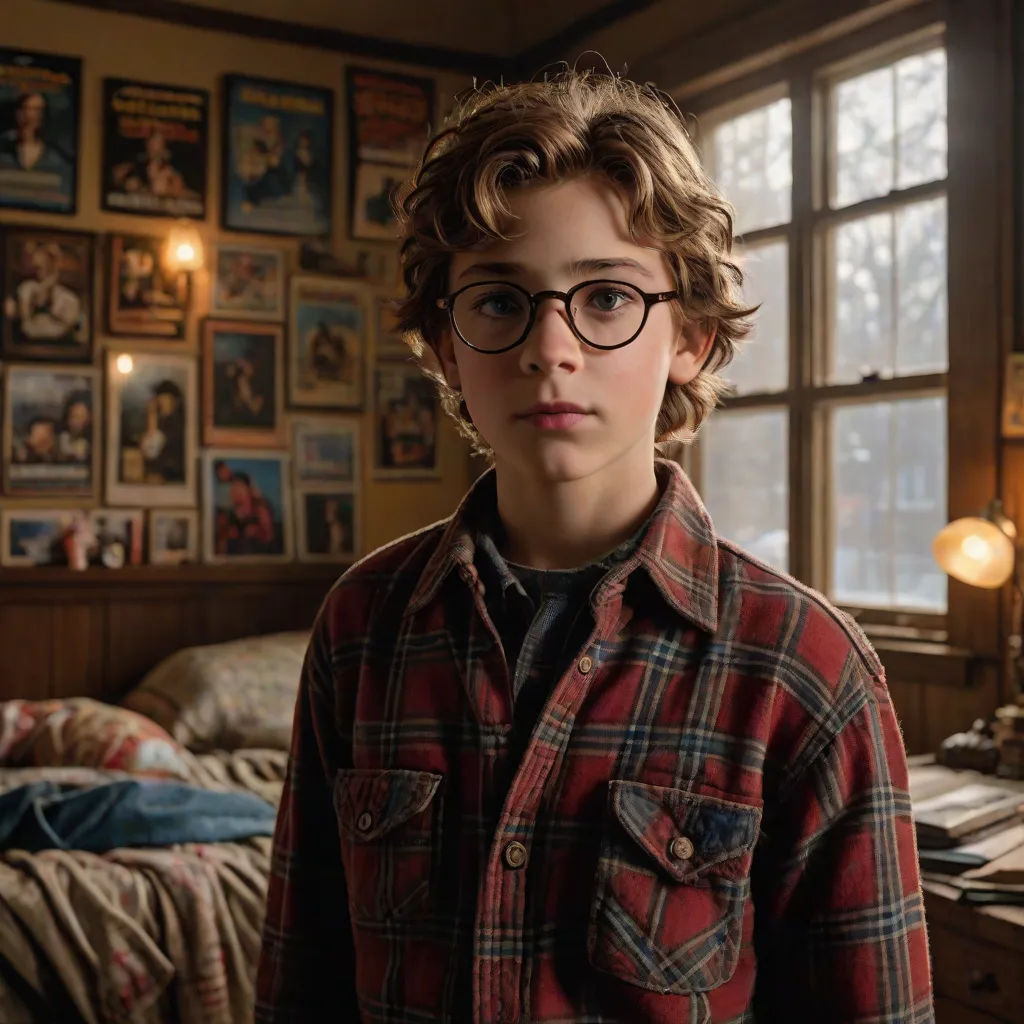 a boy wearing glasses standing in a bedroom with a bed and posters on the wall behind him and a lamp on the floor, a character portrait, Everett Warner, hyperrealism, promotional image