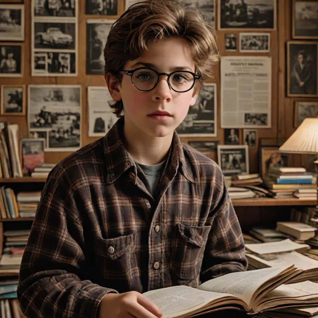 a boy in glasses is reading a book in a library with many books on the wall behind him and a lamp on the desk, a character portrait, Elias Goldberg, hyperrealism, promotional image