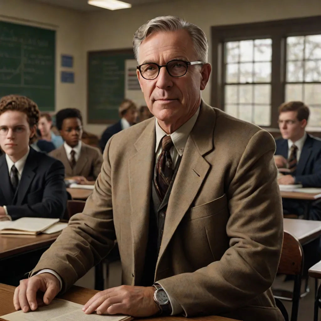 a man in a suit and tie sitting at a desk in a classroom with other students in the background, a colorized photo, Alson S. Clark, academic art, promotional image