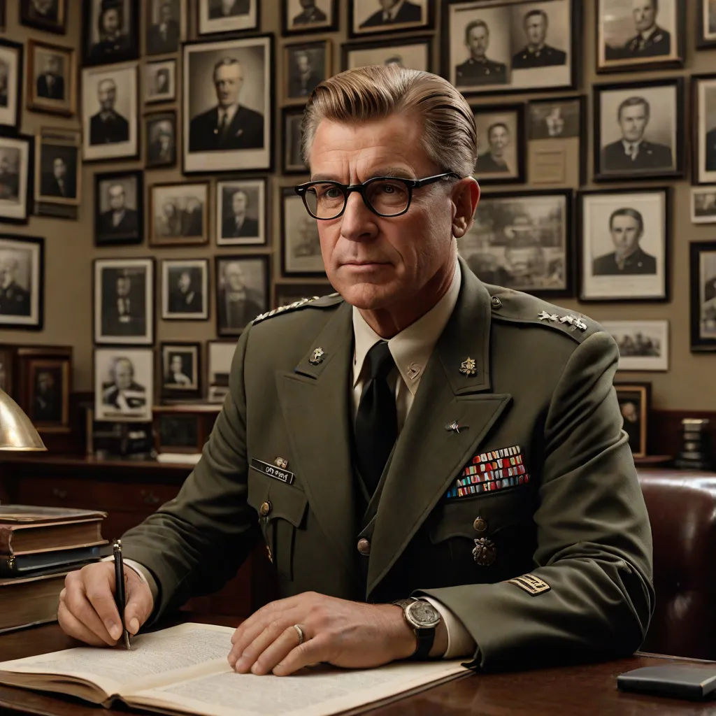 a man in a military uniform sitting at a desk with a book and pen in his hand and a lot of framed pictures on the wall behind him, a poster, Aleksandr Gerasimov, american realism, j. c. leyendecker 8 k