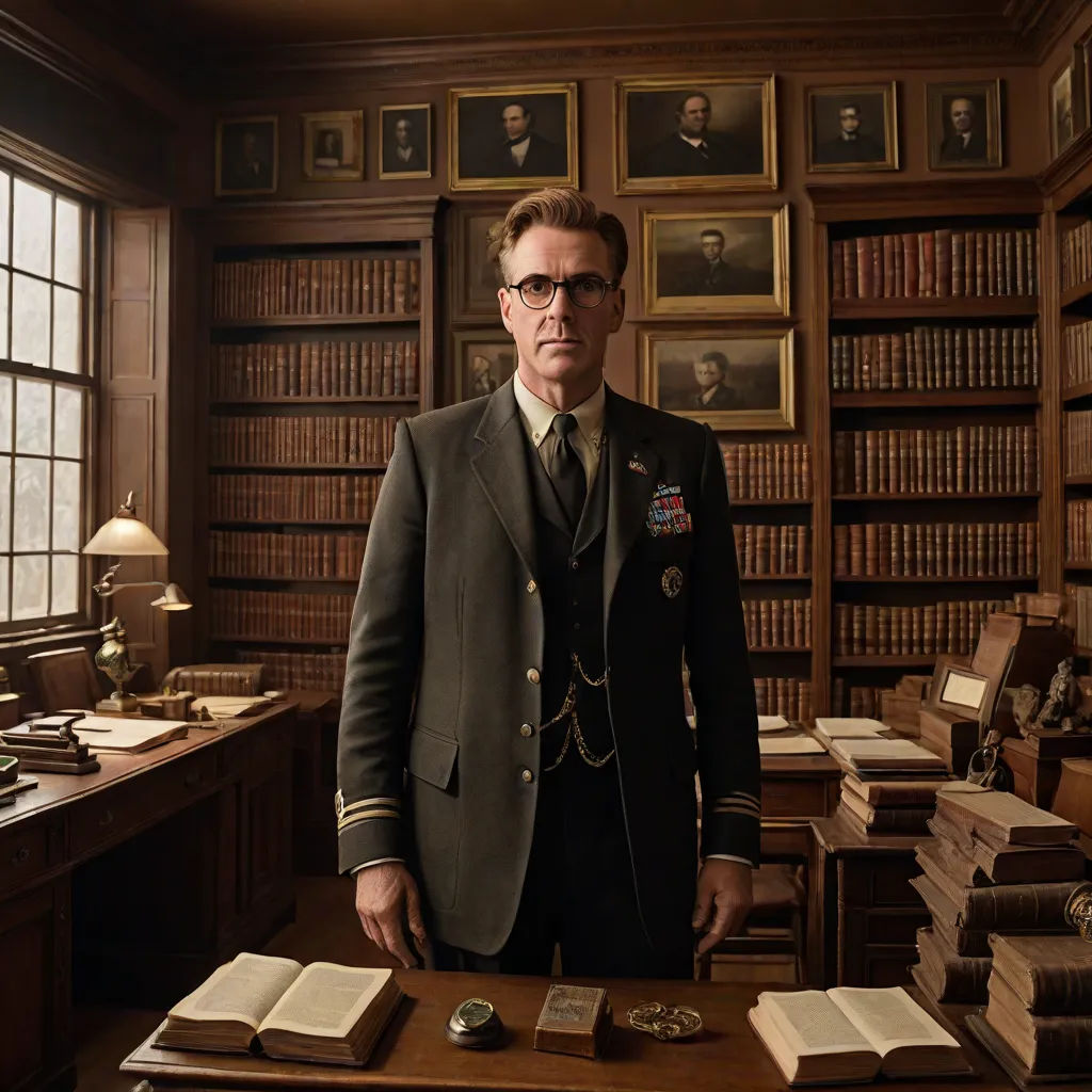 a man in a suit standing in a library with books on the desk and a lot of books on the shelves, a poster, David Annand, arts and crafts movement, promotional image