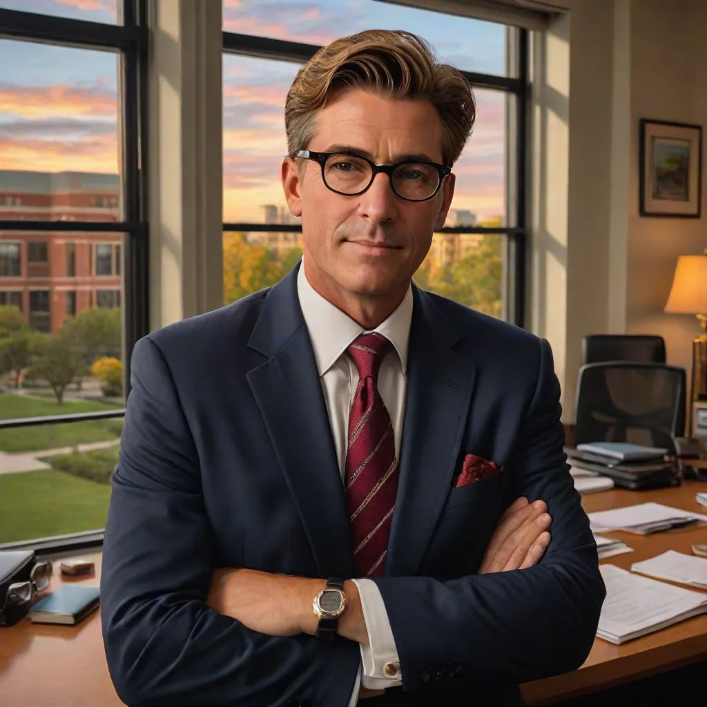 a man in a suit and tie standing in front of a desk with a window and a view of a building, a stock photo, David G. Sorensen, academic art, mitchell mohrhauser