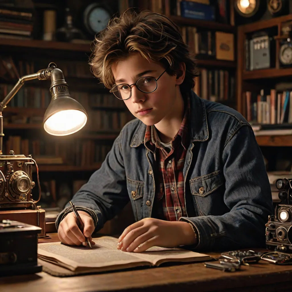a boy sitting at a desk with a book and a lamp on it, writing in a book, and looking at a book, a character portrait, Everett Warner, les automatistes, promotional image