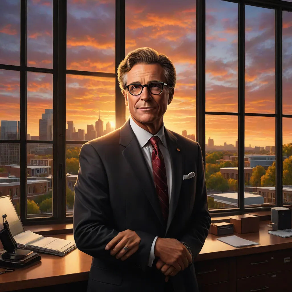 a man in a suit and tie standing in front of a window with a view of the city outside, a hyperrealistic painting, Clark Voorhees, american scene painting, professional digital painting