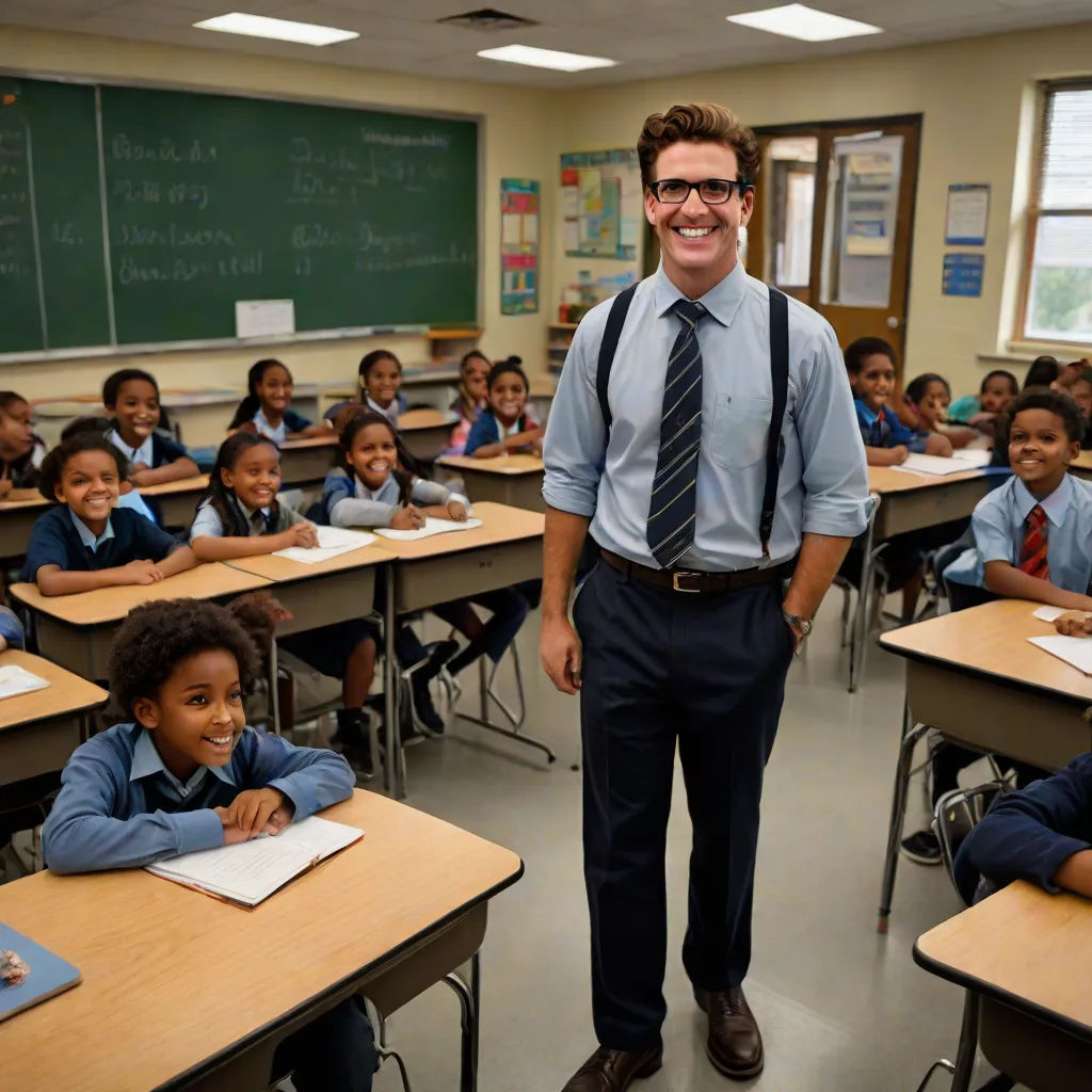 a man standing in front of a classroom full of students wearing ties and suspenders and smiling at the camera, a stock photo, Bryan Organ, american barbizon school, promotional image