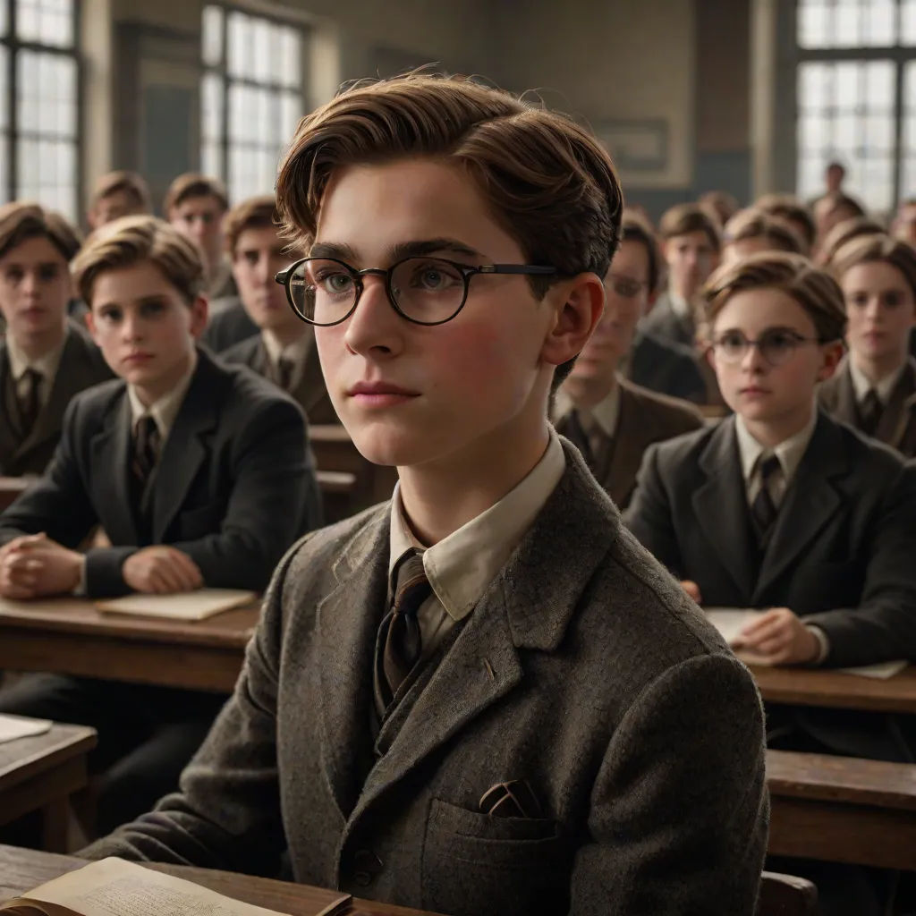 a boy in a suit and glasses sitting in front of a group of other boys in suits and ties, a detailed matte painting, Felix Octavius Carr Darley, arts and crafts movement, vfx