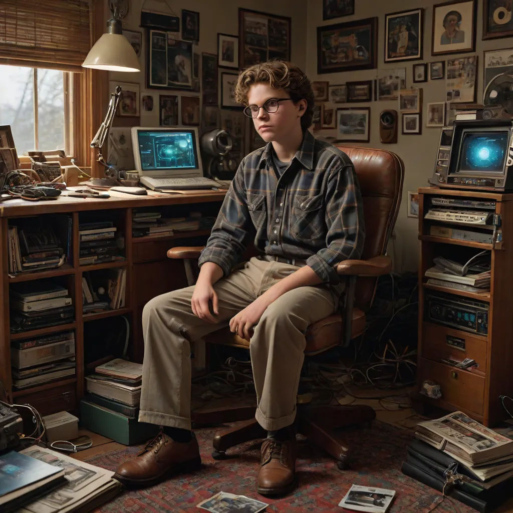 a man sitting in a chair in a room with a lot of electronics on the wall and a desk with a laptop, a character portrait, Ben Thompson, net art, mitchell mohrhauser