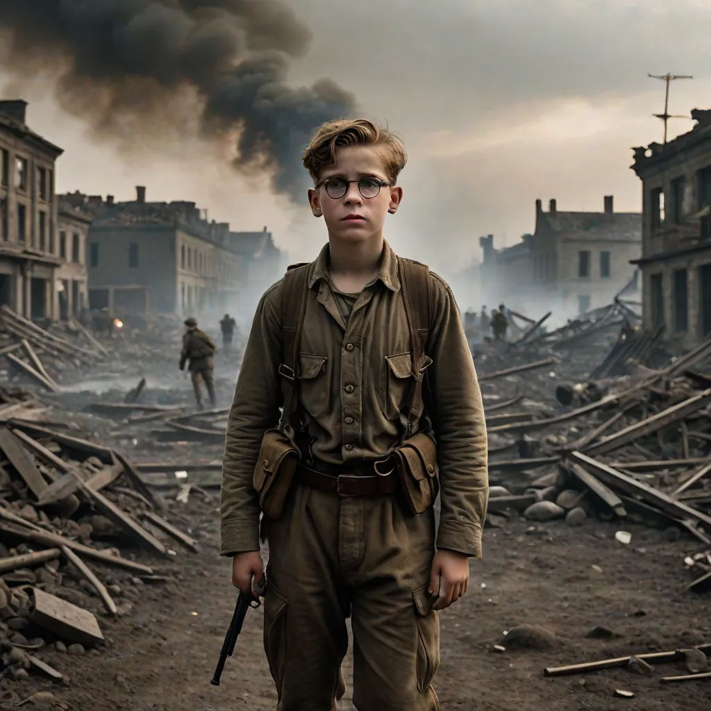 a boy in a military uniform standing in front of a fire in a destroyed building with smoke billowing out of the sky, a colorized photo, Artur Tarnowski, american realism, cinematic photography